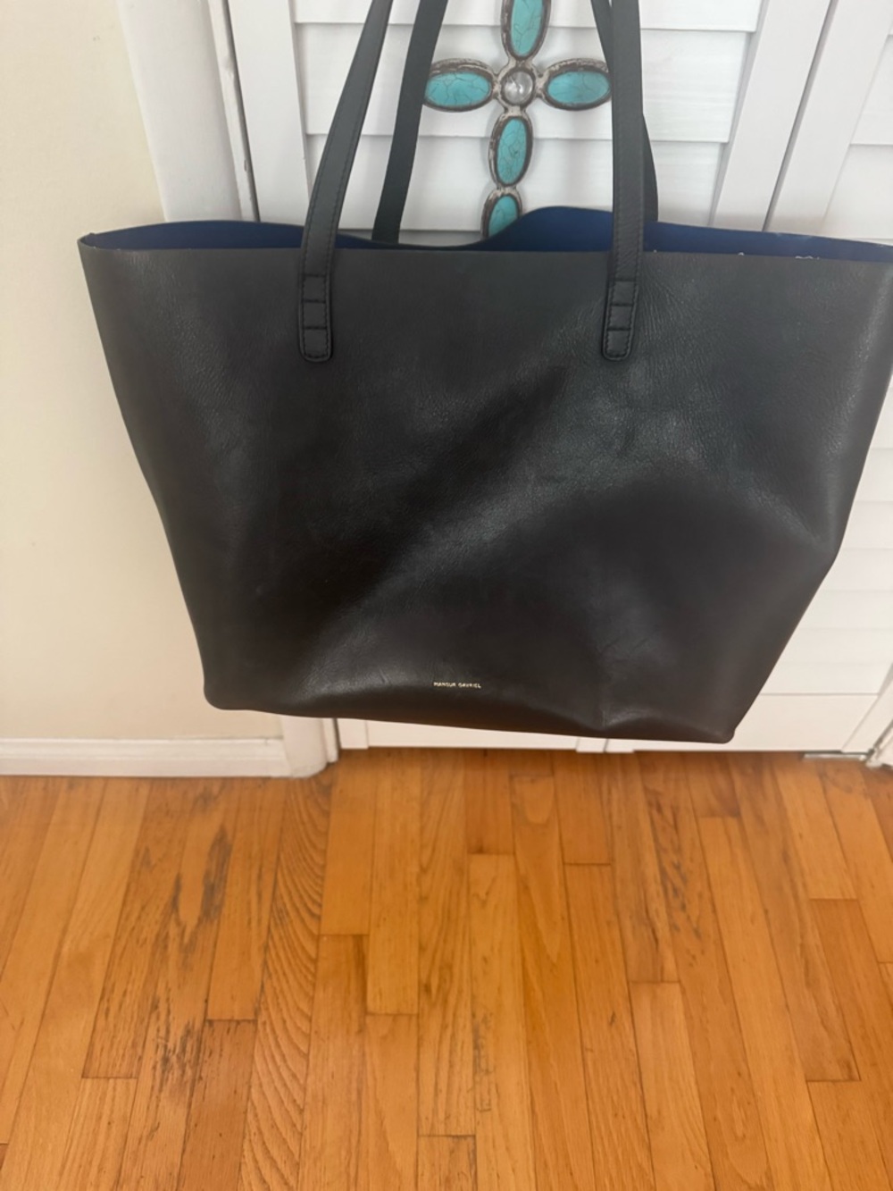 Mansur Gavriel Black Leather Tote with Blue Interior. No inside pouch.